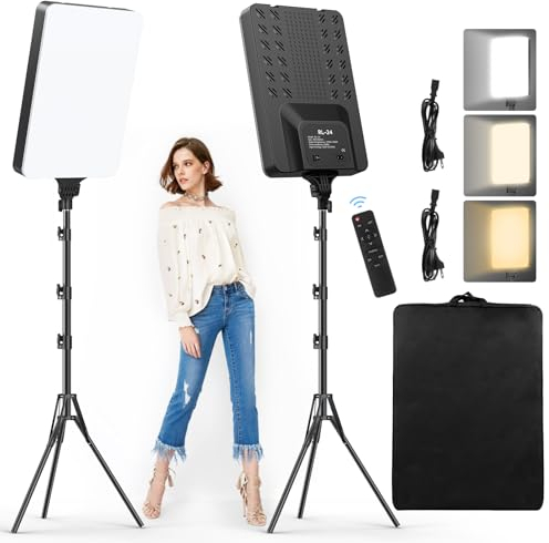 Heorryn 2 Stück 24'' LED VideoLicht Set, 2800-6500K dimmbare Kontinuierliche Fotografie Beleuchtung mit Fernbedienung und 200cm Stativ, CRI 96+ Studio Leuchten für TikTok, YouTube,Videofotografie