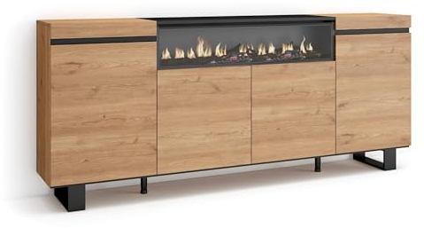 Skraut Home | Aparadores para salón | Gran Capacidad de almacenaje | 200x87x35cm | 4 Puertas | Chimenea eléctrica | Diseño Industrial | Estilo Moderno | Roble y Negro
