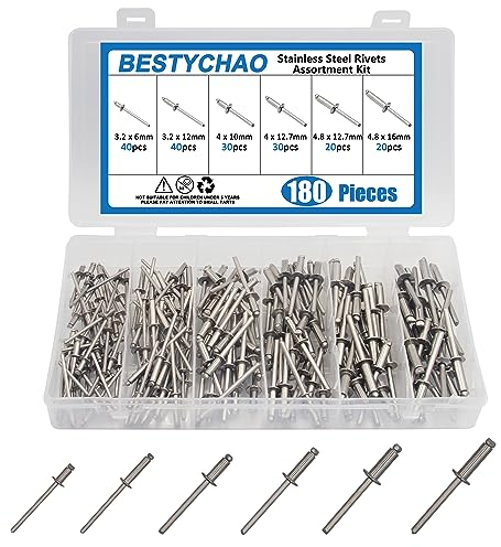 BESTYCHAO 180 kit rivetti ciechi in acciaio inox, rivetti pop, 6 misure, 3,2 mm, 4 mm, 4,8 mm