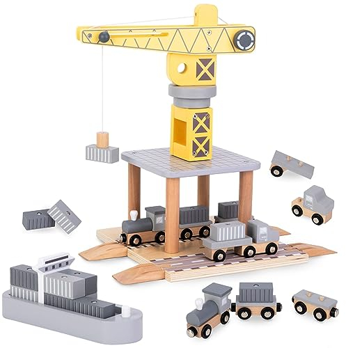 Mamabrum Hafenkran Spielset mit Magnetwinde, Holz-LKW, Lokomotive, Waggons, Frachtschiff & 12 Container - Lehrreiches Holzspielzeug für Kinder ab 3 Jahren (20 Teile)