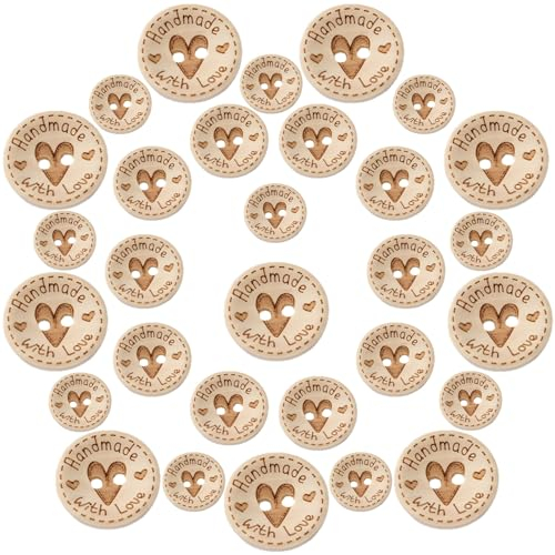 GmeDhc 150 Stück Holz Knöpfe Handmade with Love - 15mm 20mm 25mm Hosenknöpfe, Jeansknöpfe, Holzknöpfe Kinder zum Nähen und Basteln von Dekorationen