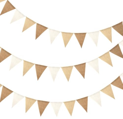 Guirlande Fanion Beige, 12M Fanion Beige Jute Banderole Guirlande Extérieur Intérieur pour Mariage Anniversaire Baptême Jardin Fête Décoration