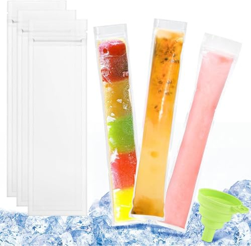 100 Stück Popsicle Taschen, Wassereis Tüten Eisformen, Einweg Popsicle Formen Beutel,BPA-Frei Eis Pop Beutel,mit Trichte,für DIY Joghurt Sticks Frucht Smoothies (5 x 28 cm)