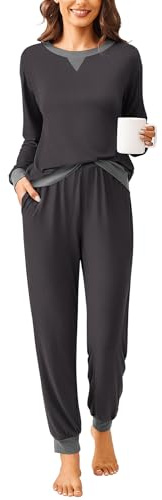 Ekouaer Pyjama Long pour Femme Ensemble Pyjama à Manches Longues Vêtements de Nuit 2 Pièces Hiver Carreaux Col Ronde Vêtements de Détente Loungewear avec Poches Latérales,Gris Foncé,S