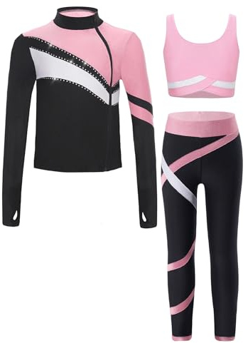 iEFiEL 3tlg. Mädchen Sportanzug Trainingsanzug Kinder Langarm Tops Weste und Leggings Atmungsaktiv Yoga Anzug Kinder Jogginganzug Fitnessbekleidung Rosa 134-140