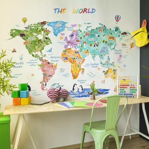 HGDESIGN® Väggklistermärke, väggtatuering, väggklistermärke, världskarta, Worldmap, djur, barnrum, babyrum, barn, baby, pojke, flicka, väggdekoration, självhäftande (B)