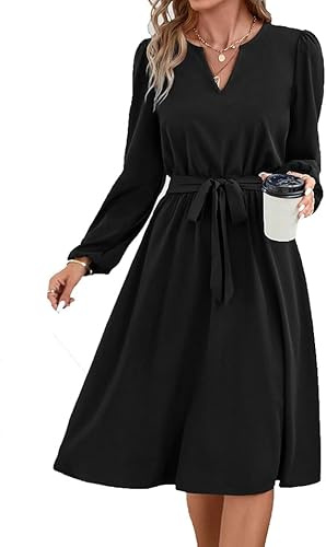 Hanaoops Abito Donna Casual a Maniche Lunghe Vestito Vita Alta A Line Midi Abito Elegante Scollo a V Nero Vestiti Autunno Inverno Abito Avvolgenti con Cintura per Festa Natale Matrimonio