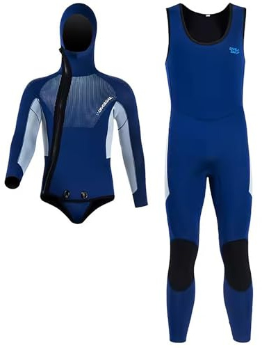 LEIDIMUS Bleu,XL,Combinaison de Plongée en Néoprène 5mm pour Hommes, Deux Pièces, avec Capuche Intégrée, Fermeture Éclair Frontale, Chaude, Protection UV pour Snorkeling et Plongée