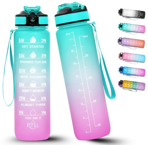 Gourde en Tritan Sans BPA Paille Marqueur de temps Fitness, école, yoga, extérieur Turquoise/violet