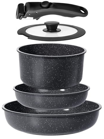 GiPP Pots and Pans Set Non Stick,5PCS Cookware Sets Grey Ceramic Nonstick Detachable Handle,Induction Kitchen Set Removable Handle，RV Cookware Set,PFOA Free (Grey, 5PCS)