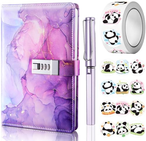 UNIANE Diario con lucchetto per ragazze, Diario A5 con codice, Quaderni con lucchetto con penna e set di adesivi divertenti, Quaderni in pelle PU, Diari di marmo segreti per regalo di compleanno (22 x