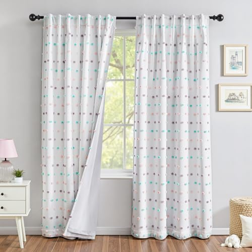 MYSKY HOME Total Blackout Curtains for Kids Room 84 Inch Long 100% Light Blocking Darkening Nursery Rainbow Curtain for Living Room 2 Panels Back Tab Double Layer Drapes with Pom Pom Sheer 52W x 84L