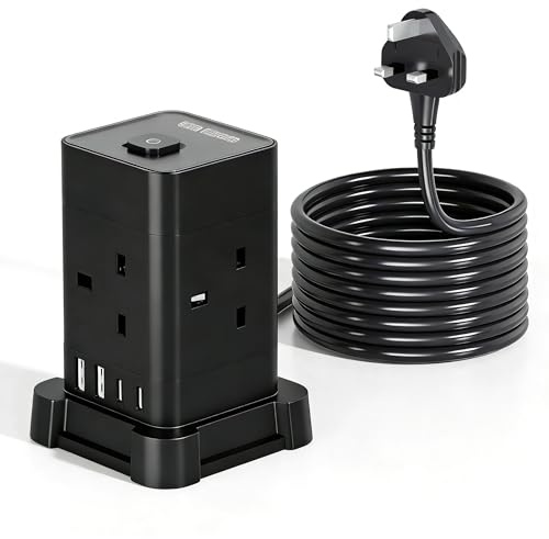 Tower Extension lead with USB Slots, 4 Way (13A/3250W) Plug Extension Socket Tower with 2 USB C and 2 USB A, Overload Protection Extension Cord, 3m Power Strip for Bedroom Office Kitchen