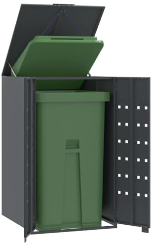Emmtore Mülltonnenbox 1er Tonnen, Kapazität bis 240L, Aus witterungsbeständig pulverbeschichtetem Stahl mit Automatikdecke, Tonnenhaus, Garten Müllbox,Anthrazit,1 * 240 L