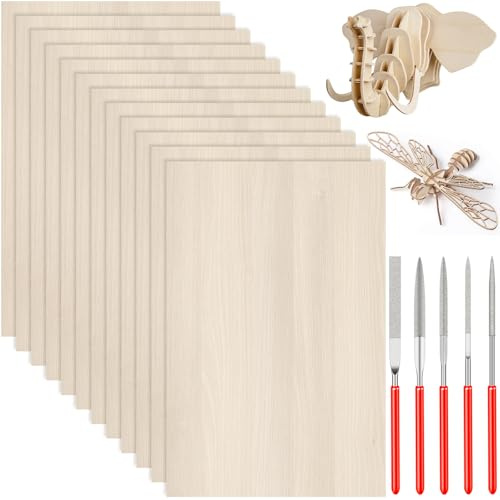 FANFX 12 Packs Balsa Wood Sheets, 200x100x1mm Balsa Wood Craft Board Set, Unfinished Boards with Files for Woodcraft Model, Crafts, Painting, Engraving, Stenciling, Home Decor