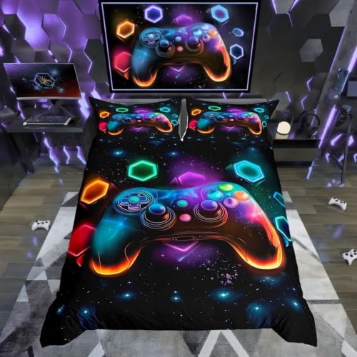 Homewish Parure de Lit 200x200 Enfant Gaming, Housse de Couette Gamer 1 Personne pour Ado Garcon, Sets de Housses de Couettes Géométrique Néon, Microfibre, avec 2 Taies d'oreiller 65x65 cm