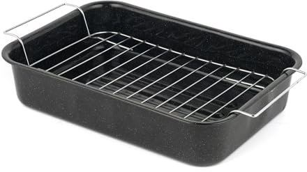 Salter Vitreous Enamel 34cm Roaster & Rack - Large Roasting Tin, Oven Baking Dish, Roast Chicken Tray, Meat/Vegetables, Dishwasher Safe, Deep Rectangular Oven Tray with Stainless Steel Rack, Black