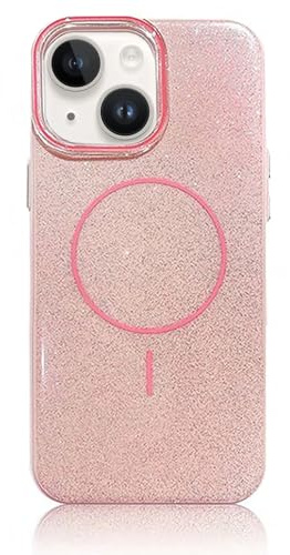 Mixroom - Custodia Cover Case glitterata per iPhone 15 Rosa con Brillantini Glitter incorporati e compatibile con MagSafe Bordo Morbido Cerchio Magnetico Integrato