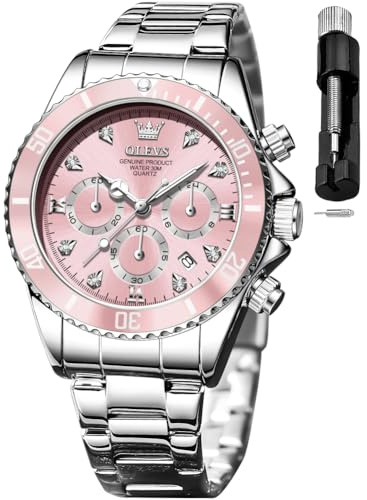 OLEVS Women's Watch Chronograph Analog Diamond Watches Quartz Waterproof Luminous Calendar Ladies Watch Pink relojes de Mujer