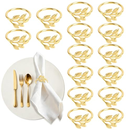 16 Pezzi Anelli Portatovaglioli a Foglia, Oro Anelli di Tovagliolo, Metallo Porta Tovaglioli, Decorazione della Tavola per Matrimonio Ringraziamento Natale, Riunioni di Famiglia, Cena di Pasqua