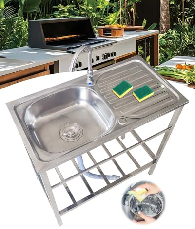 Free Standing Stainless-Steel Single Bowl Kitchen Sink Outdoor Utility Sink w/Faucet & Workbench & Storage Shelves Commercial Restaurant Sinks for Bar/Laundry/Basement/Hotel/Garage 75x40xH75cm