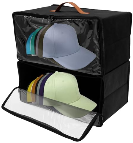 TNTGMG Scatola portaoggetti, 2 pezzi, nera Oxford, con finestra trasparente e manico, supporto impilabile, per cappelli da baseball salvaspazio, può contenere fino a 15-30 cappelli