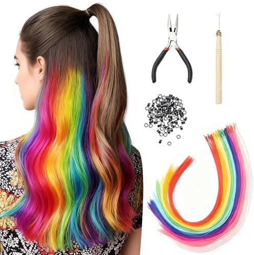 Set di 100 ciocche colorate per capelli da agganciare con pinza, ganci e perle, ciocche di capelli colorate per bambini e donne, per feste e festival