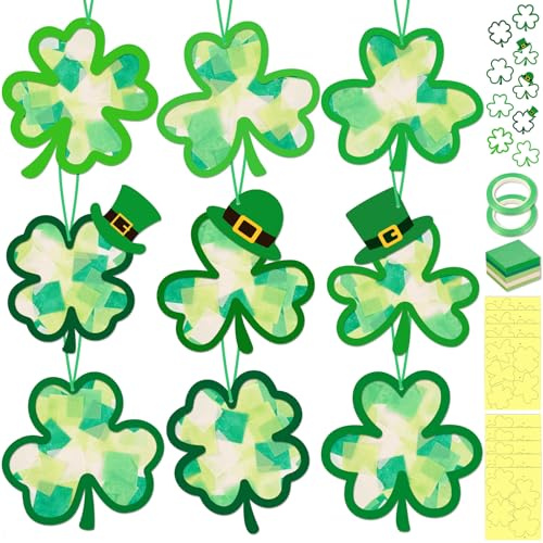 40PCS St. Patricks Day Crafts Bulk: Paper Shamrock Suncatchers, Saint Patrick's DIY Kits, Window Stained Glass Effect Art Supplies(Green)