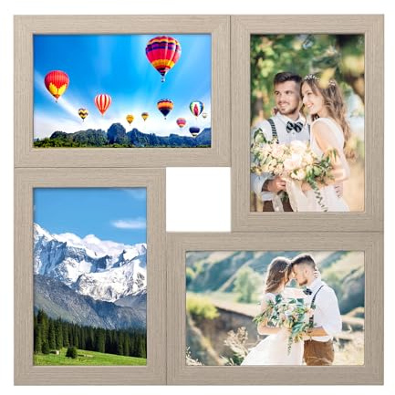 VOSSOT Cornice portafoto per collage fotografico, 10 x 15 cm, in legno, per più foto, da parete, collage con vetro e parete in legno di quercia, 4 foto)