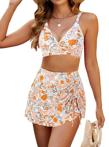 Blooming Jelly Women's High Waisted Bikini Sets Tummy Control Swim Skirt Womens Tankini Swimsuits(Yellow Floral,Large)