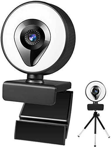 SproutSage Webcam live streaming C360 con luce ad anello, 1080p HD, messa a fuoco automatica, 60 FPS, microfono incorporato, treppiede incluso, nero