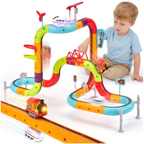 hahaland Tren Eléctrico Juguete Niños 64 Piezas, Kit de Construcción 3D DIY