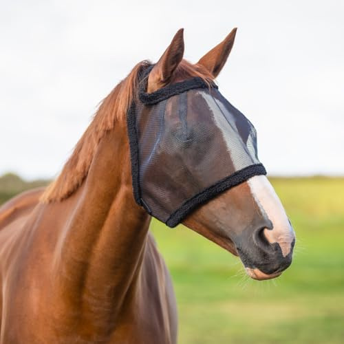 JA Horse JA8004 Fliegenschutzmaske ohne Ohren Feinmaschige Fressbremse mit Weicher Wollimitation Robuster Insektenschutz für die Weide (Schwarz, Full)