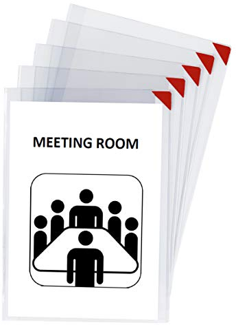 Djois made by Tarifold 194770- Pack 5 Pochettes plastique A4 Adhésive Autocollante d’Affichage, affiche cadre repositionnable, Kang easy clic coin rouge, 5 unités. Transparent