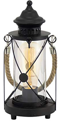 Eglo Bradford Table lamp, 1-Flame Vintage Table Light, Lantern, Bedside lamp Made of Steel, Colour: Black, Glass: Clear, Socket: E27, incl. Switch