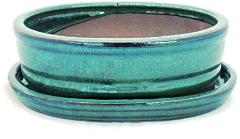 exotenherz - Bonsai-Schale mit Unterteller Gr. 2 - Grün - oval - Modell O7 - L 15,5cm - B 12cm - H 4,5cm