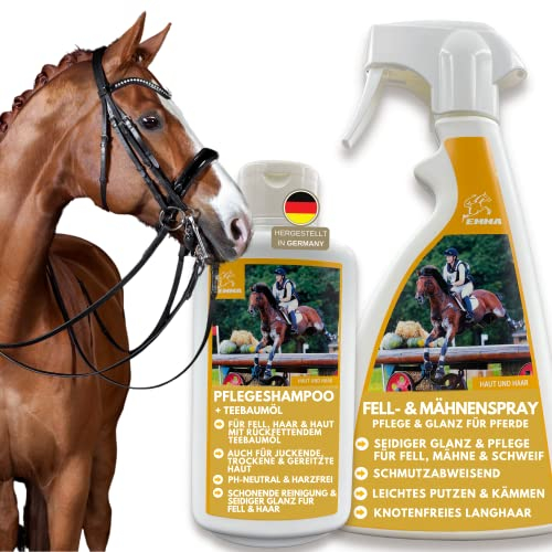 Mähnenspray Pferd & Pferde Teebaumöl Shampoo Pferdepflege-Set 2x0,5l I Pferdeshampoo I Schweifspray für Pferde Mädchen Geschenk I Hundeshampoo gegen Geruch für irritierte Haut I Fellpflege Hund Pferd