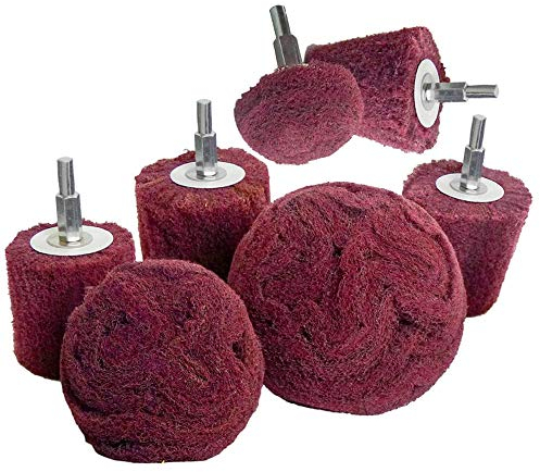 Schleifkopf zum Polieren bürsten geformter Scheuerschwamm – 7-teiliges rotes Vlies-Schleifbohrer-Set mit 1/4-Zoll-Griff für Krümmer/Aluminium/Edelstahl/Chrom usw