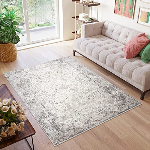 TAPISO Valley Teppich Kurzflor Vintage Creme Weiß Grau Dunkelgrau Rahmen Design Used Effekt Meliert Verwischt Wohnzimmer Schlafzimmer ÖKO-TEX 140 x 200 cm