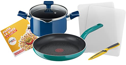 Tefal Chefclub by Tefal Set de cuisine Pasta la vista Poêle 28 cm, Faitout 20 cm + couvercle, Couteau cuisine Fresh Kitchen, 2 planches à découper, Livret recette G804S404
