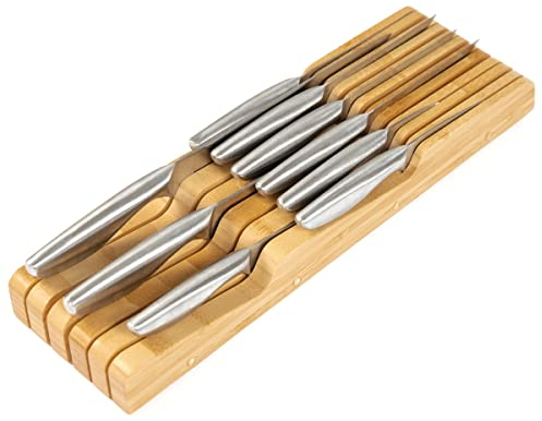 KitchenEdge Bamboo Kitchen Knife Block Holder Organizer - Holds 5 Long + 6 Short Knives (Not Included), Fits Most Knife Sizes, Rubber Feet, Sustainable Bamboo, in-Drawer Design