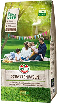 SPERLI's Schattenrasen 1 kg für 35 m² - Ökologisch umhüllte Rasensamen für schnelle Keimung, Schatten, verdrängt Moos & Unkraut