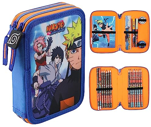 Naruto Trousse Scolaire 2 Compartiments, Trousse Ado Garcon avec Fournitures Scolaires Crayon de Couleur Carnet, Set Papeterie, Cadeau Anime Manga