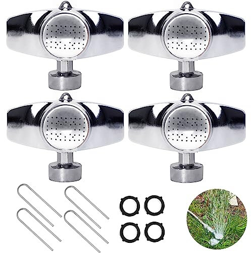 Morvat Aspersor de metal de 360 grados con flujo de agua suave para flores, plantas, jardín, césped y patio, cobertura de hasta 30 pies, cabezal de manguera circular, incluye dos clavijas más dos