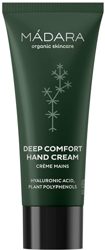 Crema de manos Deep Comfort de MÁDARA: crema de manos ultra hidratante con aloe, manteca de cacao y espino amarillo. Calma, suaviza y protege las manos secas y ásperas. Fórmula no grasa
