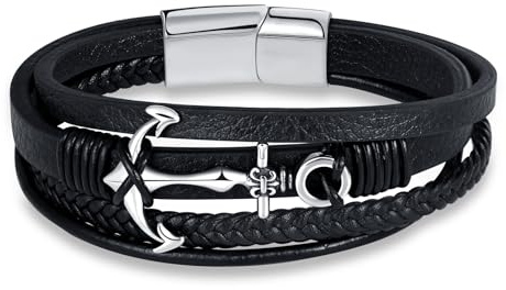 INFINIONLY Moda Negro Pulsera Trenzada de Cuero Multicapa con Ancla de Acero Inoxidable para Hombre Adolescentes Pulseras Charms para Niño