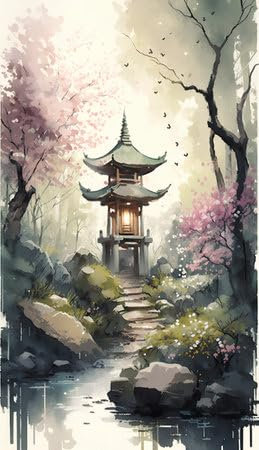 adrium 200778649 Tableau de 60 x 100 cm : aquarelle d'une pagode dans un jardin japonais avec des fleurs de cerisier
