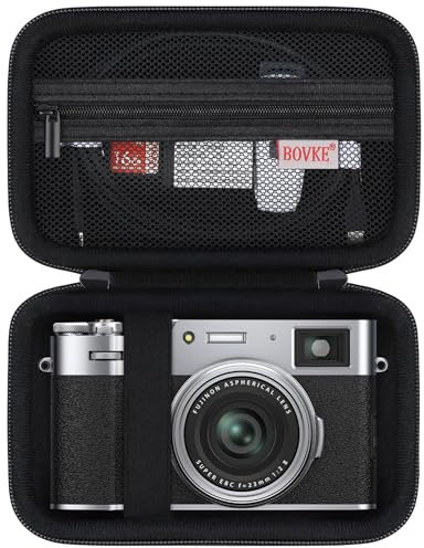 BOVKE étui de Transport pour Caméra Numérique Fujifilm X100VI / X100V / X-E5 Kompaktkamera, Poche en Maille Supplémentaire pour Accessoires de Caméra Fuji Câbles de Charge, Noir