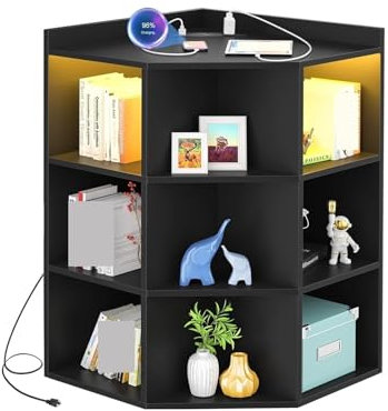 LICONG-2020 Seitenschrank Aufbewahrung mit Power-LED-Leuchten, Bücherregal aus Holz Eckschrank