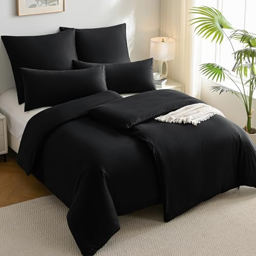 JELLYMONI Bettwäsche 135x200 Baumwolle 4-Teilig Bettwäsche-Sets Schwarz Oeko-Tex 100% Gewaschene Baumwolle 2 Bettbezüge mit Reißverschluss und 2 Kissenbezüge 40X80 mit Umschlag 4tlg. Bettwäsche